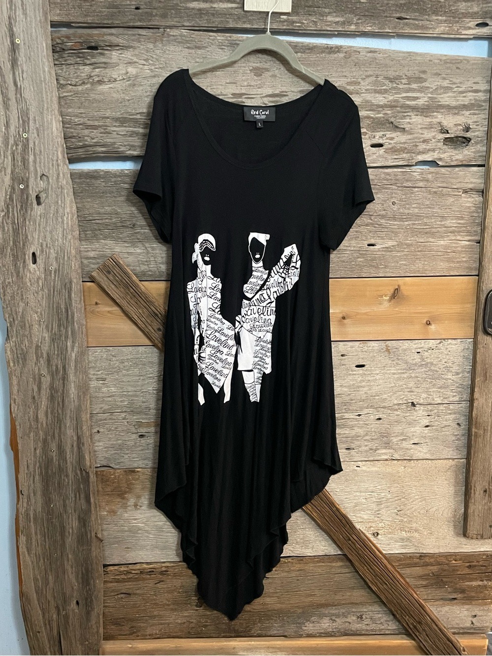 Black Graphic Asymmetrical Dress with White Silhouette Print Size Large